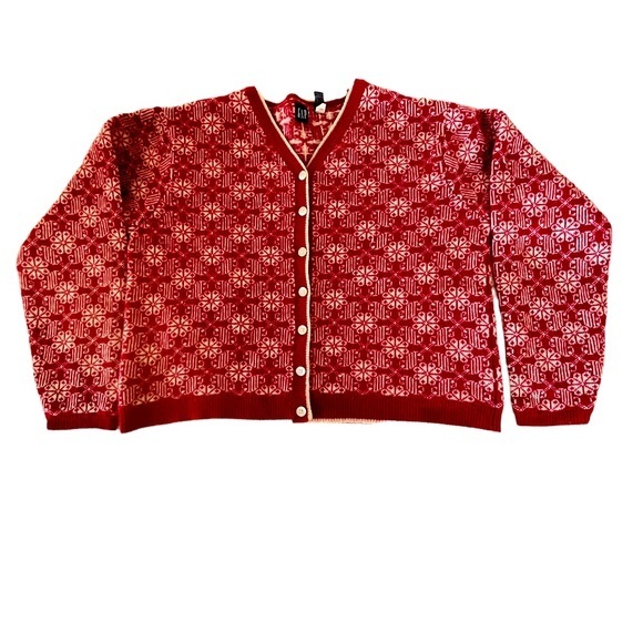 GAP Lambswool Red Cream Snowflakes Long‎ Sleeve Cardigan Size XL - Picture 1 of 5